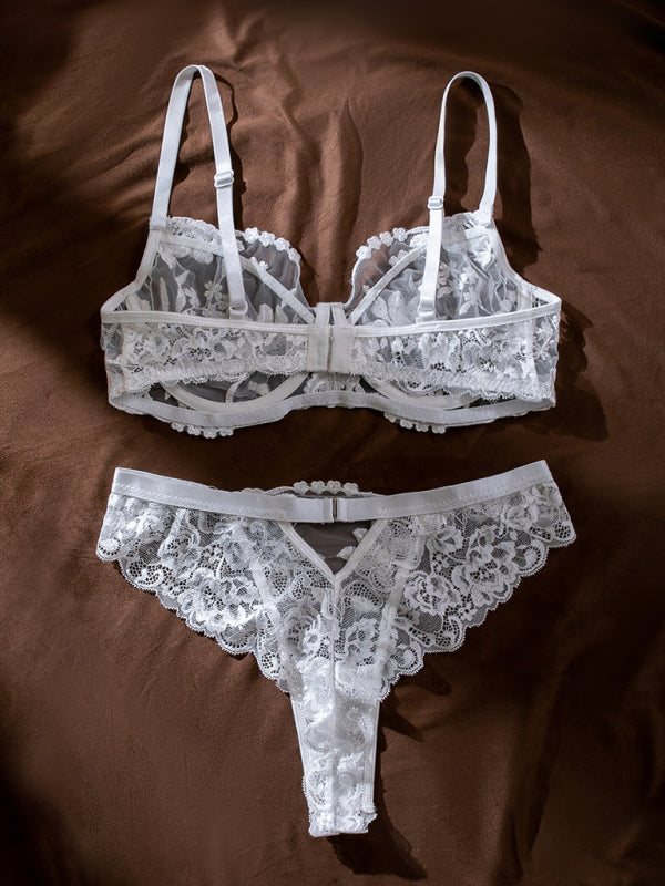 Erotic lingerie flower embroidery sexy see-through two-piece suit