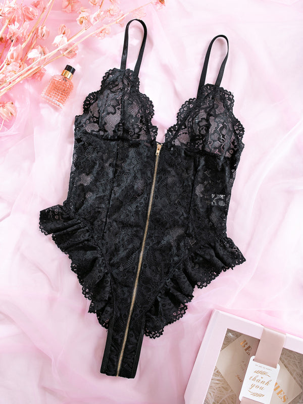 Women's sexy lace stitchingzipper sexy backless bodysuit