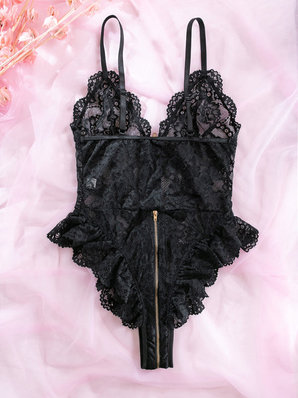 Women's sexy lace stitchingzipper sexy backless bodysuit