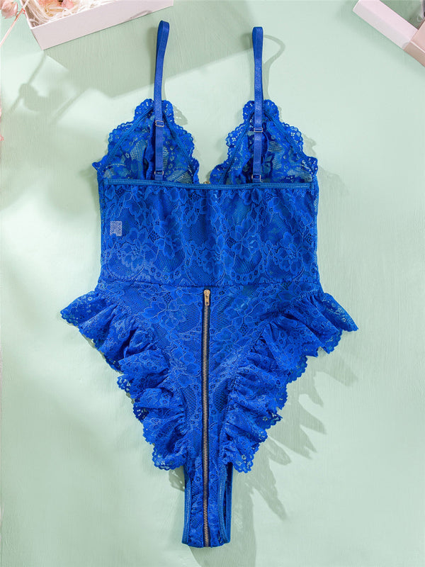 Women's sexy lace stitchingzipper sexy backless bodysuit