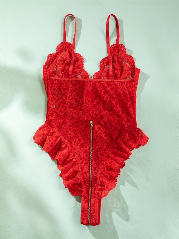 Women's sexy lace stitchingzipper sexy backless bodysuit