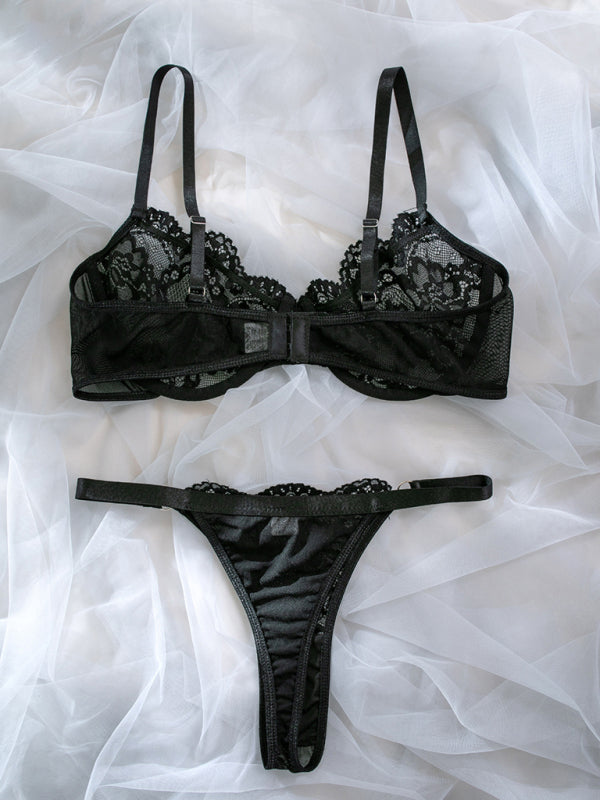Erotic lace lingerie sexy low waist steel ring lace split two-piece set