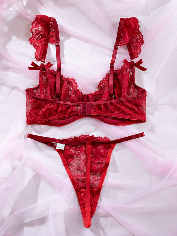 Sexy lace ruffle sleeves bow sexy lingerie set