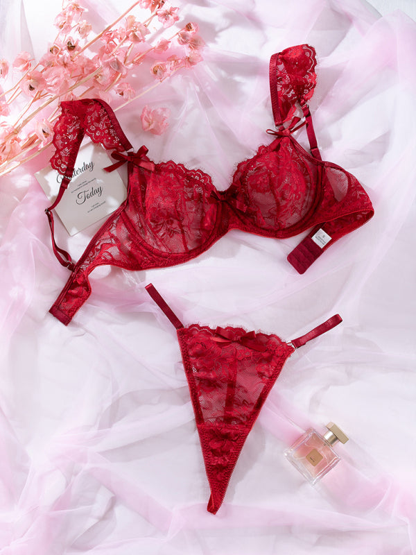 Sexy lace ruffle sleeves bow sexy lingerie set