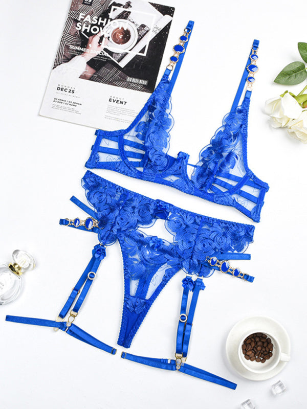 Embroidered bra retro decorative sexy push-up underwear set