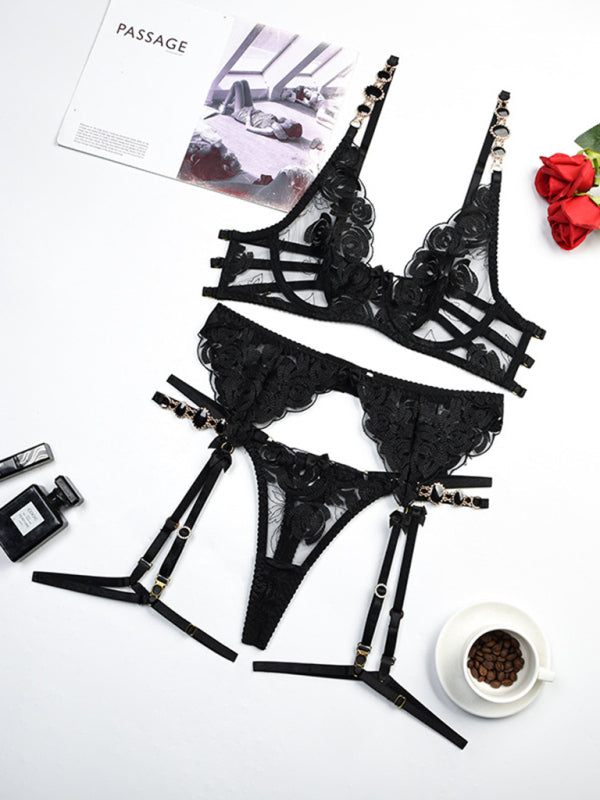Embroidered bra retro decorative sexy push-up underwear set