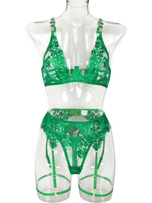 Embroidered bra retro decorative sexy push-up underwear set
