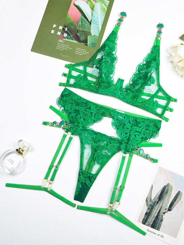 Embroidered bra retro decorative sexy push-up underwear set