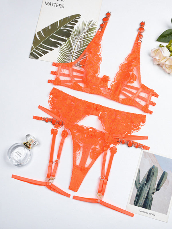 Embroidered bra retro decorative sexy push-up underwear set