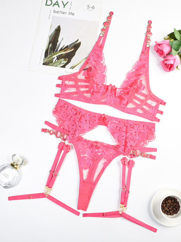 Embroidered bra retro decorative sexy push-up underwear set