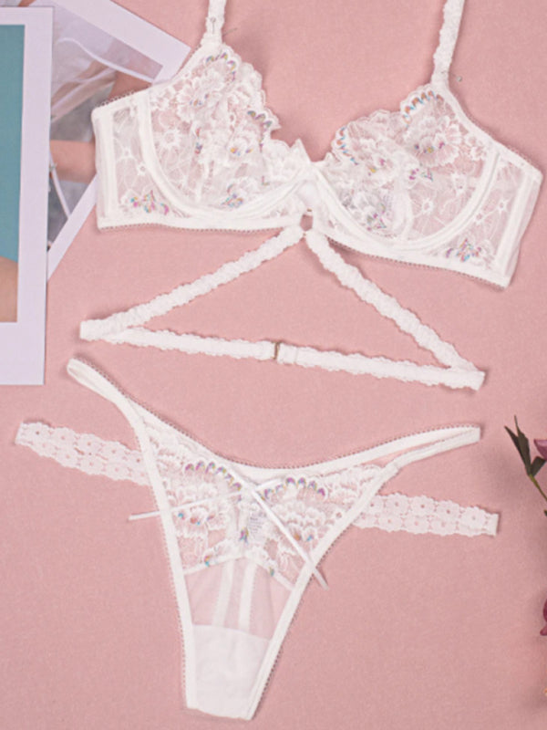 Sexy flower embroidered sexy lingerie set lace thong bra three-piece set with underwire