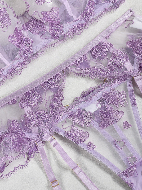 Heart-shaped embroidered sexy lingerie four-piece set