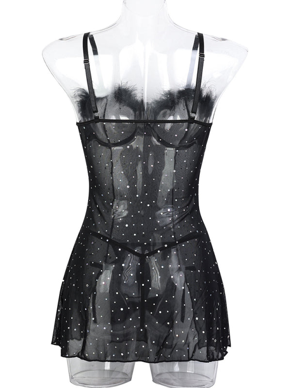 Sexy hot diamond feather splicing see-through elastic mesh babydoll