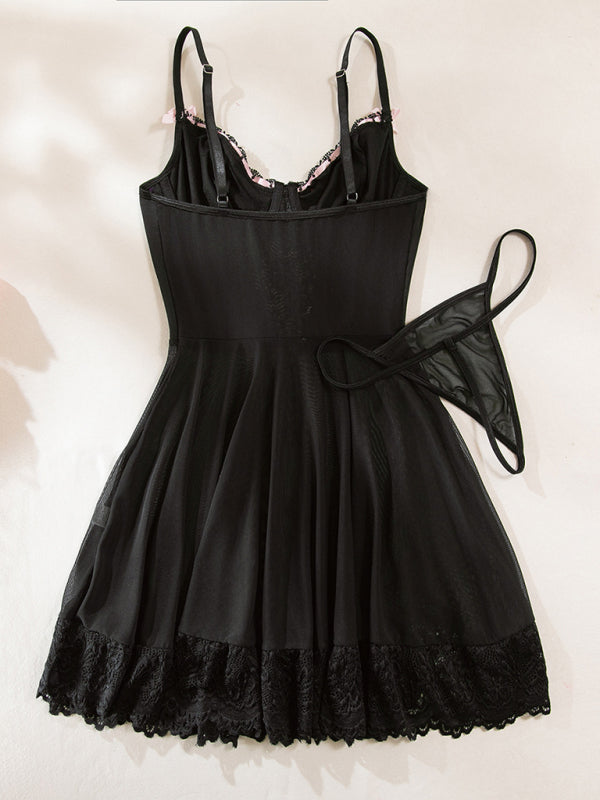 Lace stitching bow ribbon babydoll