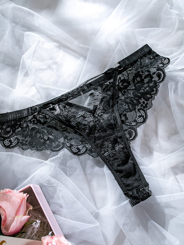 Erotic lingerie flower embroidery sexy see-through two-piece suit