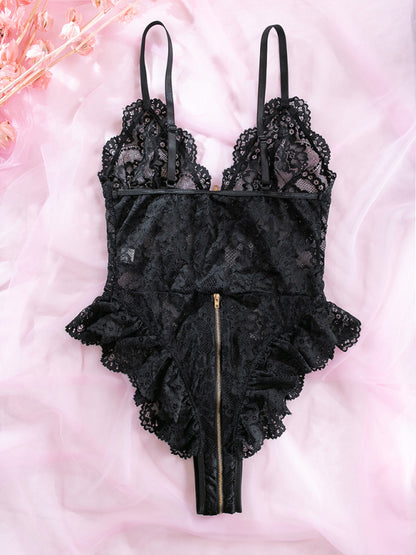 Women's sexy lace stitchingzipper sexy backless bodysuit