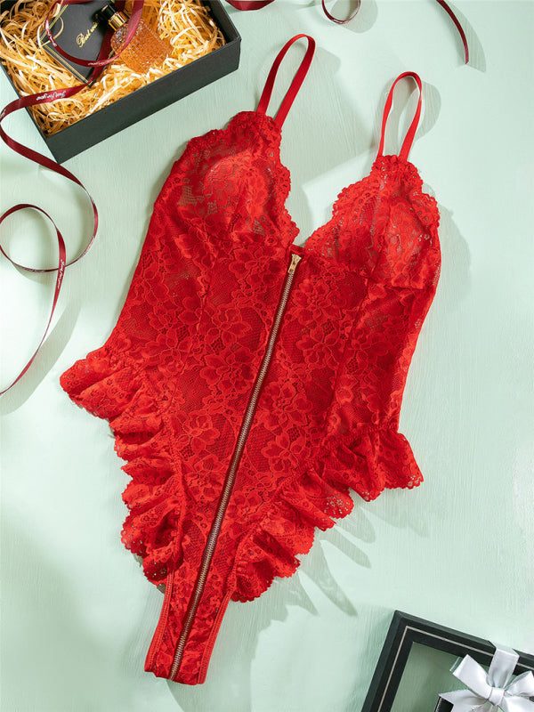 Women's sexy lace stitchingzipper sexy backless bodysuit