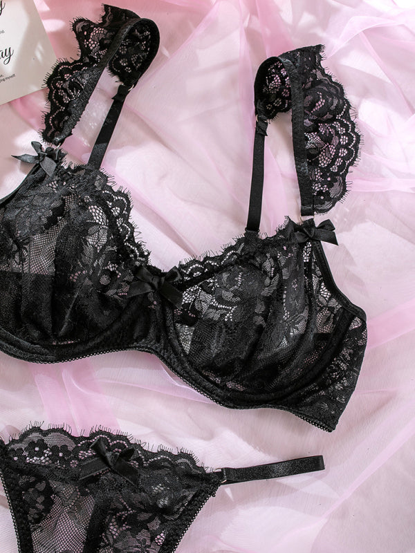 Sexy lace ruffle sleeves bow sexy lingerie set