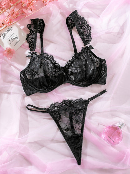 Sexy lace ruffle sleeves bow sexy lingerie set