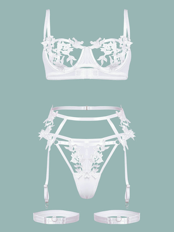 Sexy embroidered flower hollow webbing underwire sexy lingerie set