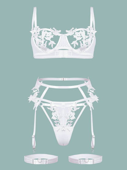 Sexy embroidered flower hollow webbing underwire sexy lingerie set
