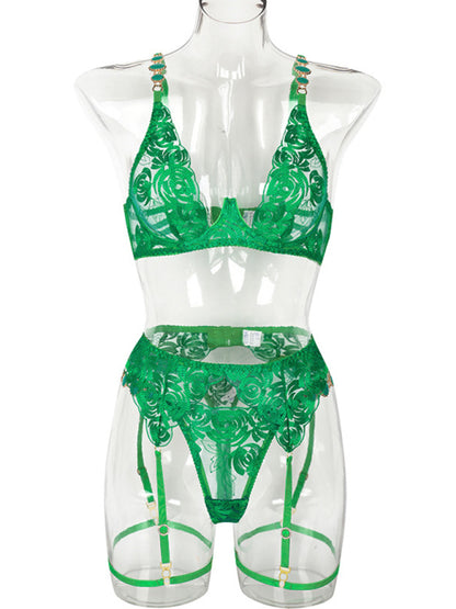 Embroidered bra retro decorative sexy push-up underwear set
