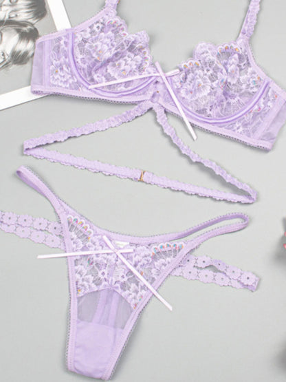 Sexy flower embroidered sexy lingerie set lace thong bra three-piece set with underwire