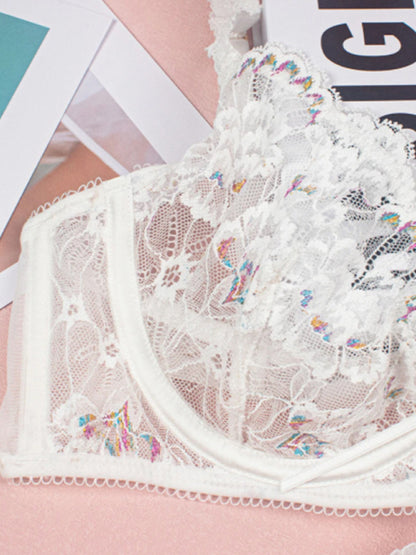 Sexy flower embroidered sexy lingerie set lace thong bra three-piece set with underwire
