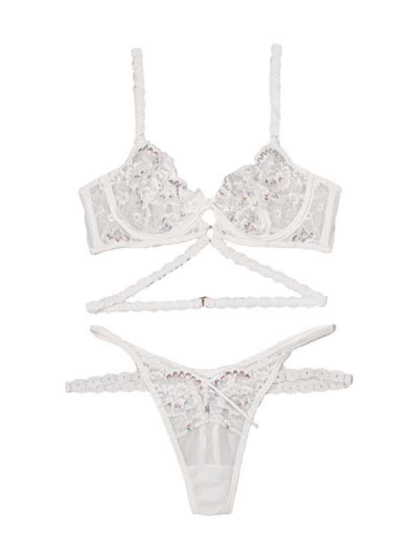 Sexy flower embroidered sexy lingerie set lace thong bra three-piece set with underwire