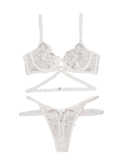 Sexy flower embroidered sexy lingerie set lace thong bra three-piece set with underwire