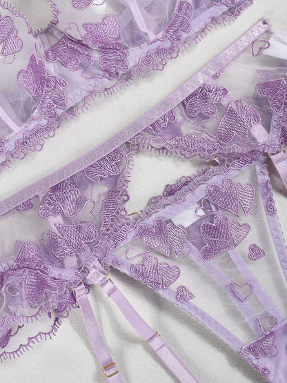 Heart-shaped embroidered sexy lingerie four-piece set