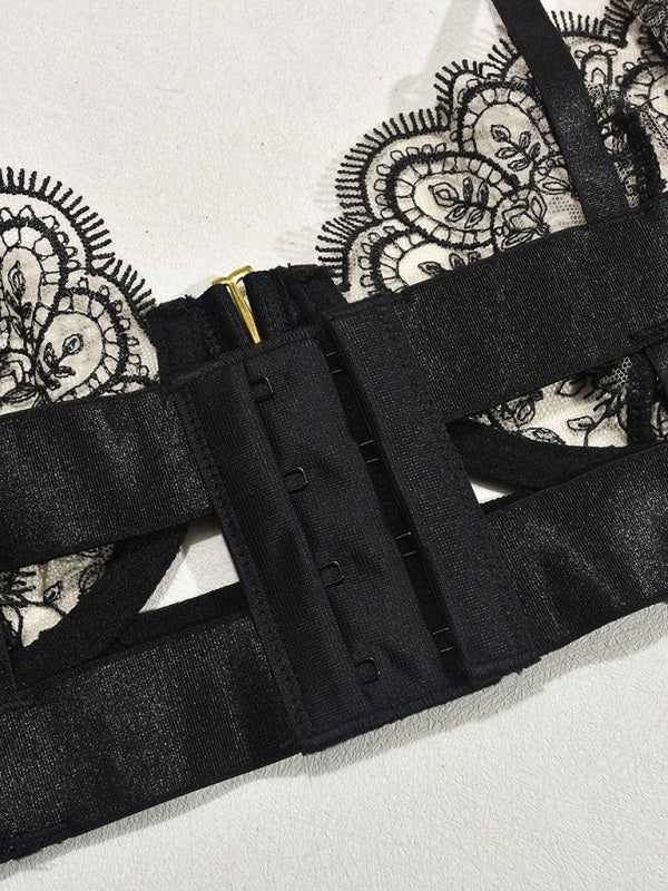 Sexy Embroidered Metal Button Sexy Transparent Lingerie Set