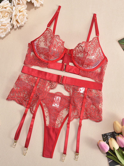 Sexy Embroidered Metal Button Sexy Transparent Lingerie Set