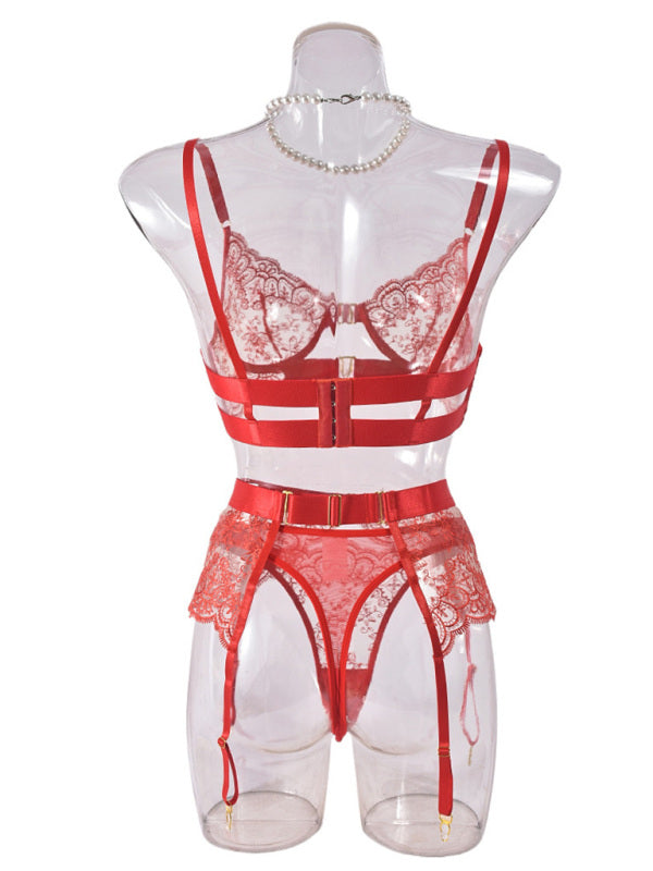Sexy Embroidered Metal Button Sexy Transparent Lingerie Set