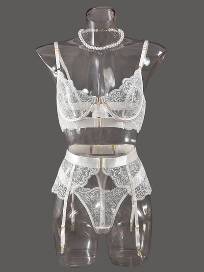 Sexy Embroidered Metal Button Sexy Transparent Lingerie Set
