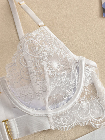 Sexy Embroidered Metal Button Sexy Transparent Lingerie Set