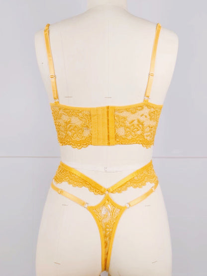 Lace bra with sexy beading 3D flowers perspective underwear set