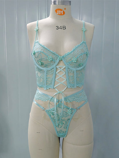 Lace bra with sexy beading 3D flowers perspective underwear set