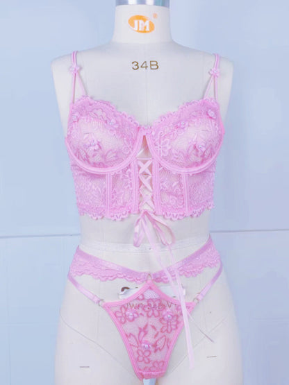 Lace bra with sexy beading 3D flowers perspective underwear set