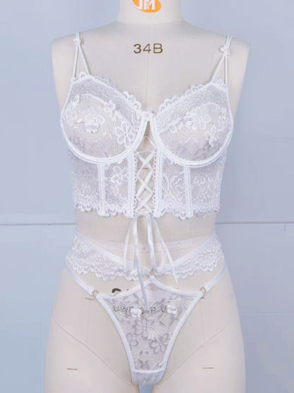 Lace bra with sexy beading 3D flowers perspective underwear set