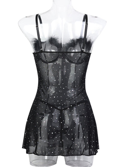 Sexy hot diamond feather splicing see-through elastic mesh babydoll