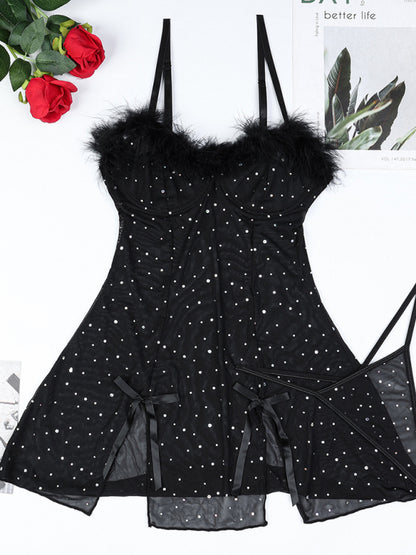 Sexy hot diamond feather splicing see-through elastic mesh babydoll