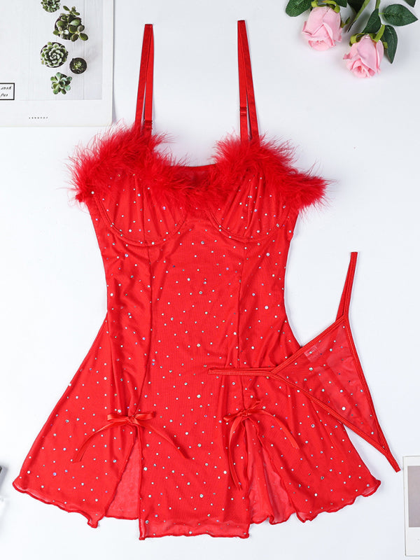 Sexy hot diamond feather splicing see-through elastic mesh babydoll