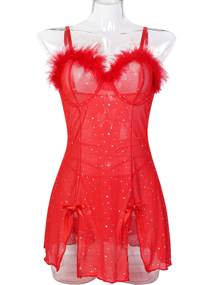 Sexy hot diamond feather splicing see-through elastic mesh babydoll