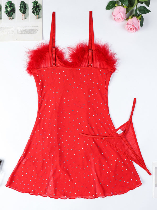 Sexy hot diamond feather splicing see-through elastic mesh babydoll