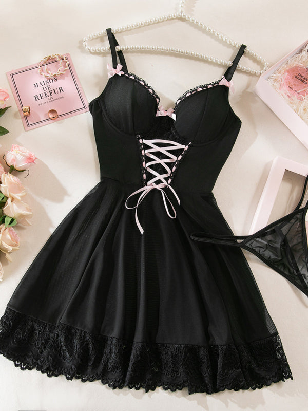 Lace stitching bow ribbon babydoll